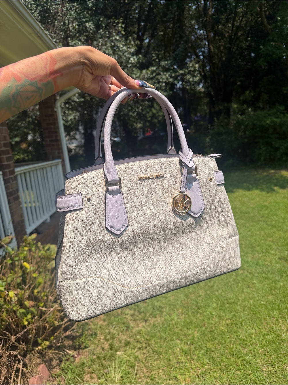 Michael Kors Logo Satchel in Light Gray and White with Gold Hardware